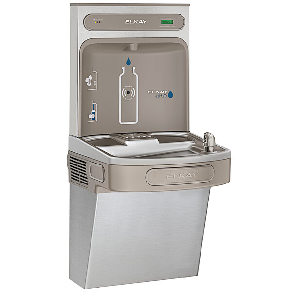 An Elkay stainless steel water fountain with a water dispenser and a silver and black design.
