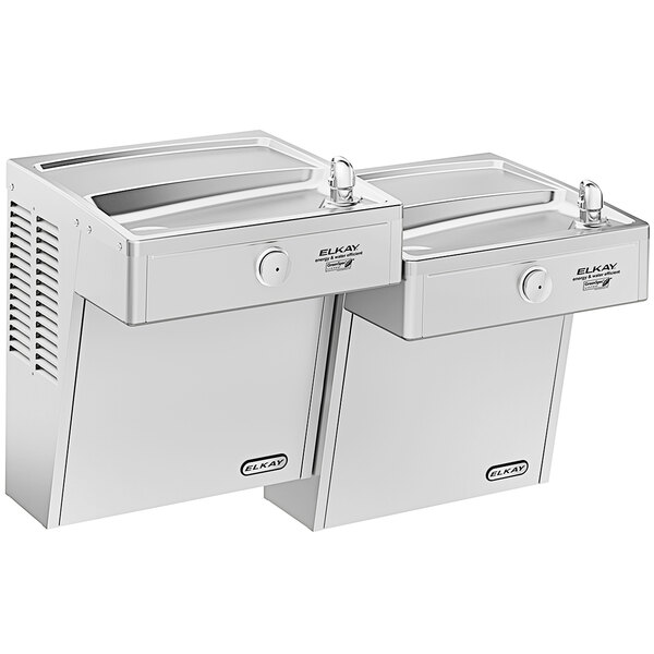 An Elkay stainless steel wall mount bi-level water fountain with two dispensers.