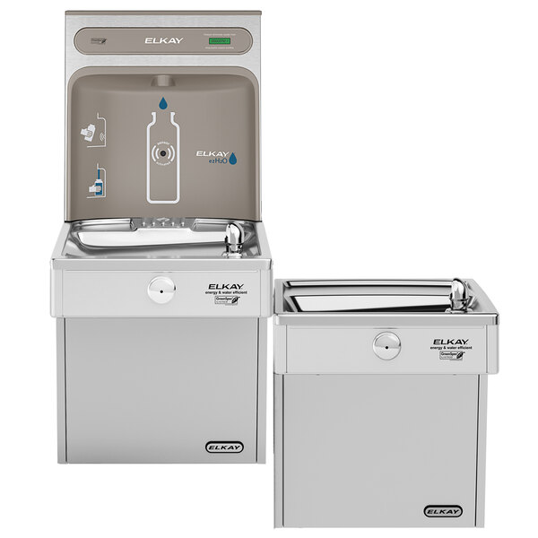 An Elkay stainless steel bi-level water fountain with bottle filler and two water dispensers.