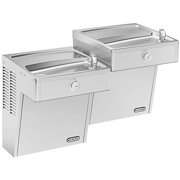 An Elkay stainless steel wall mount drinking fountain with two water dispensers.