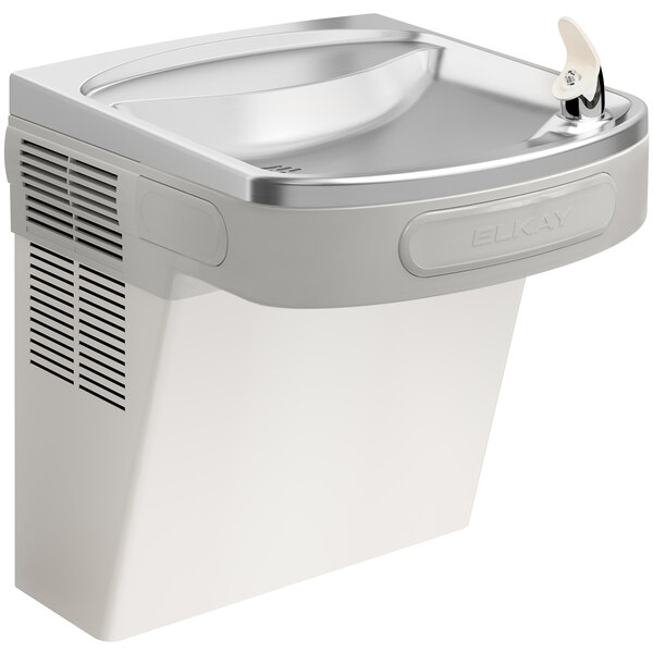 An Elkay stainless steel wall mount water fountain with a white surface.