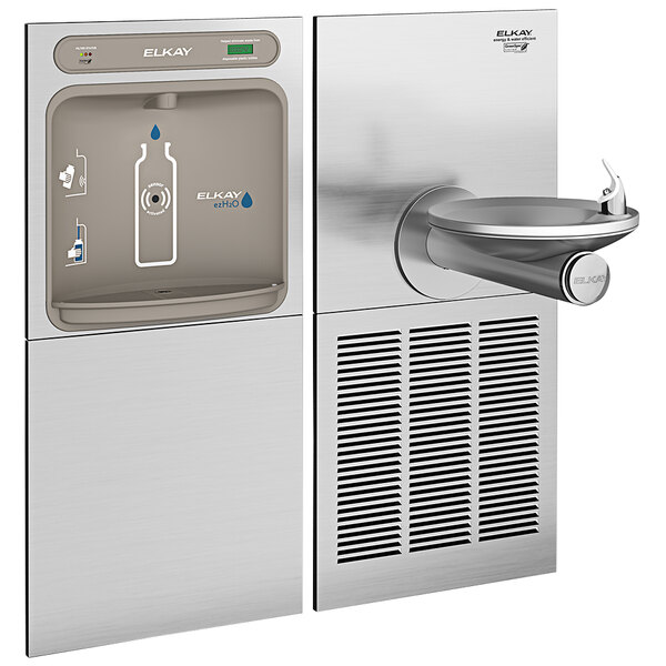 An Elkay stainless steel water fountain with a hands-free bottle filling station and a SwirlFlo fountain.