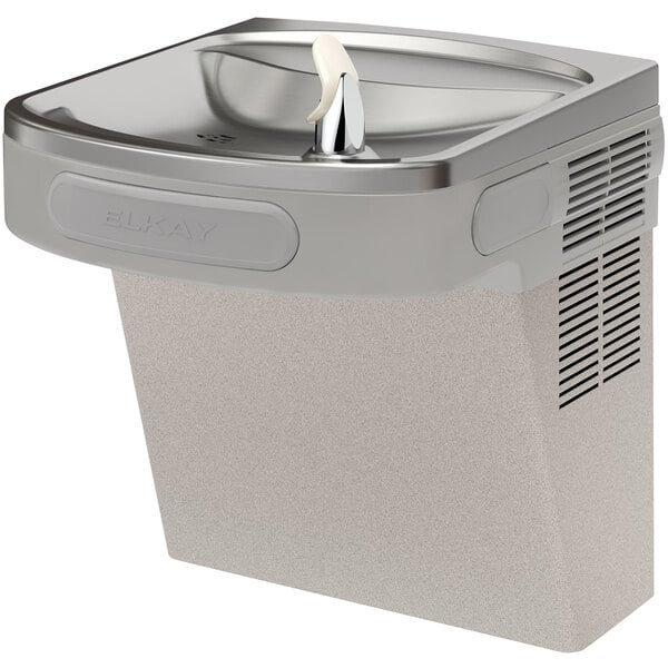 An Elkay light gray wall mount water fountain with an extra deep basin.
