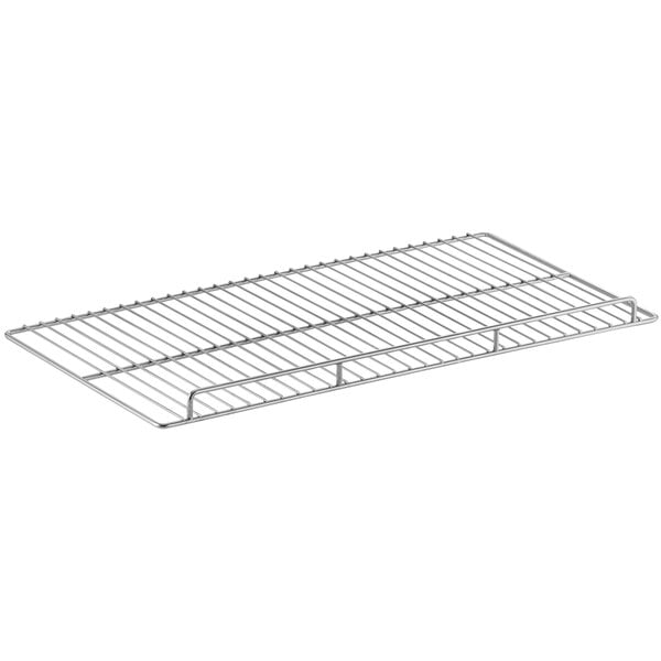 An Avantco metal shelf with a wire grid on it.