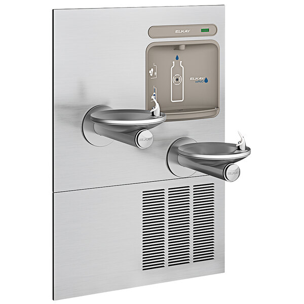 An Elkay stainless steel water bottle filling station with two fountains.