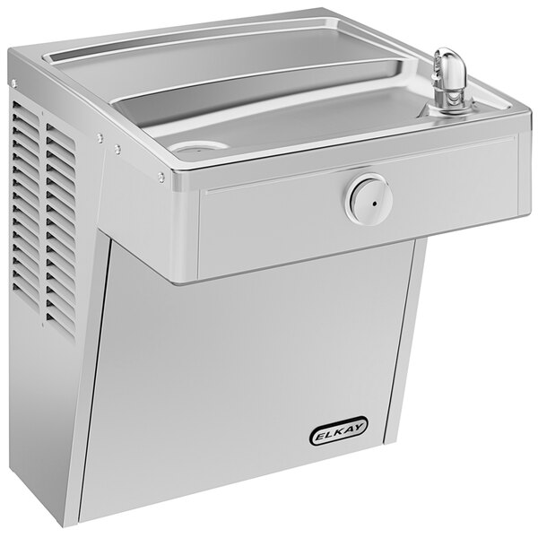 An Elkay stainless steel wall mount chilled water fountain with a single faucet.