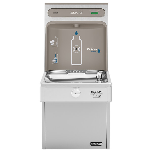 An Elkay stainless steel water fountain with a bottle filling station and faucet.