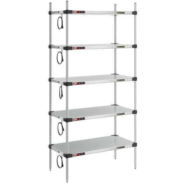 Metro Super Erecta 18" x 36" Stainless Steel 5-Shelf Heated Stainless Steel Takeout Station with 74" Chrome Posts