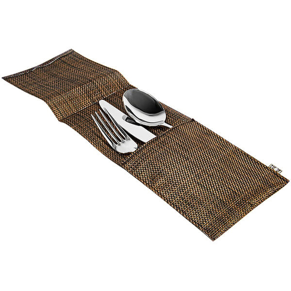 A copper mesh woven vinyl silverware pocket with a fork and spoon inside.