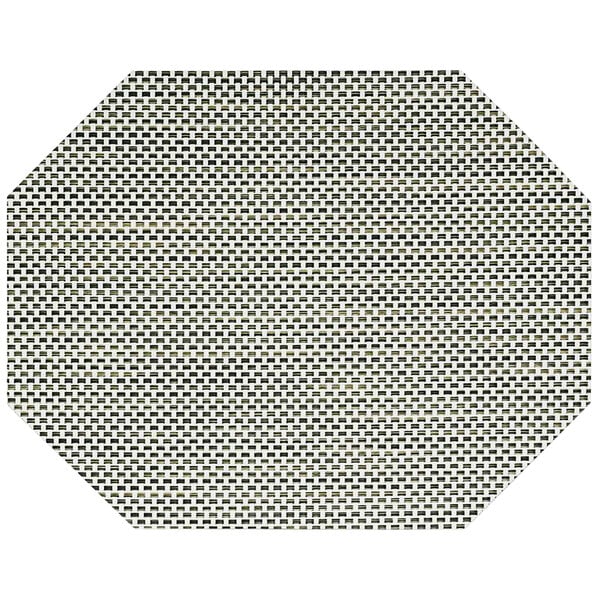 A tan woven vinyl rectangle placemat with a basketweave pattern in black and white.