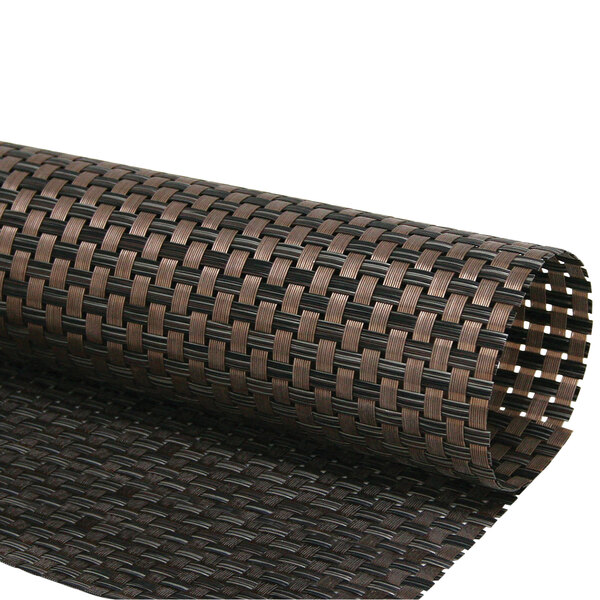 A roll of copper woven vinyl with a basketweave pattern.