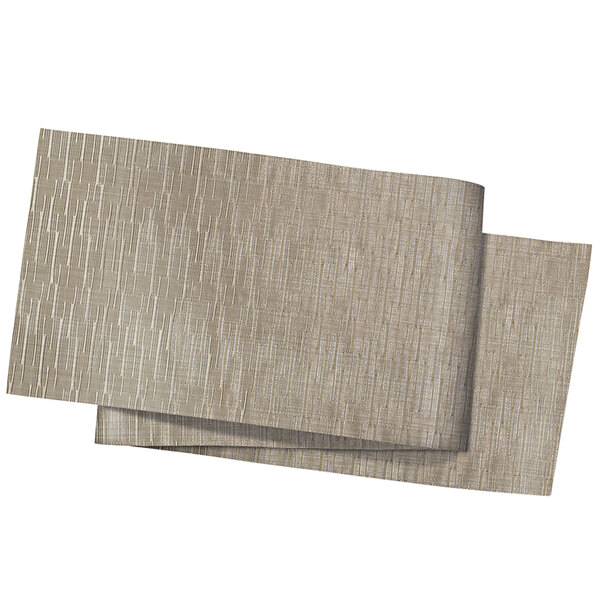 A folded tan Front of the House Rush Woven Vinyl table runner with a white background.