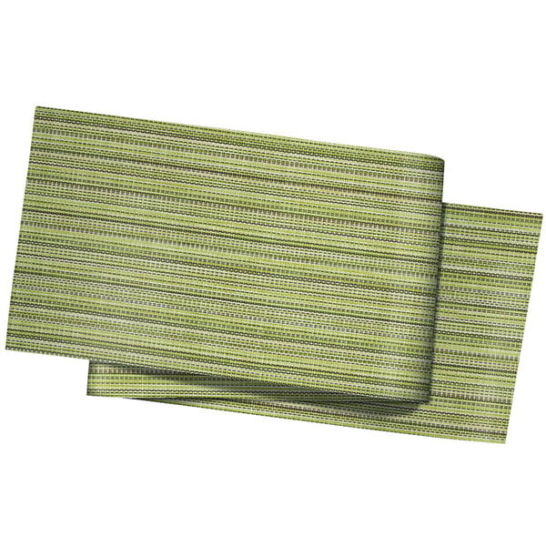 A green and black mesh woven table runner with a striped pattern.
