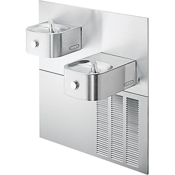 An Elkay stainless steel bi-level drinking fountain with two faucets.