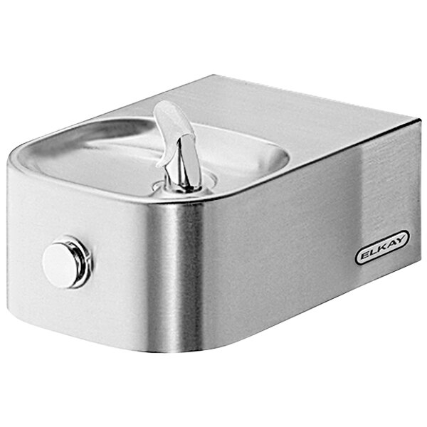 An Elkay stainless steel wall mount drinking fountain with a small bowl.