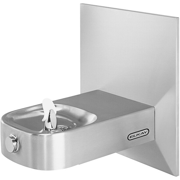 An Elkay stainless steel wall mounted drinking fountain.
