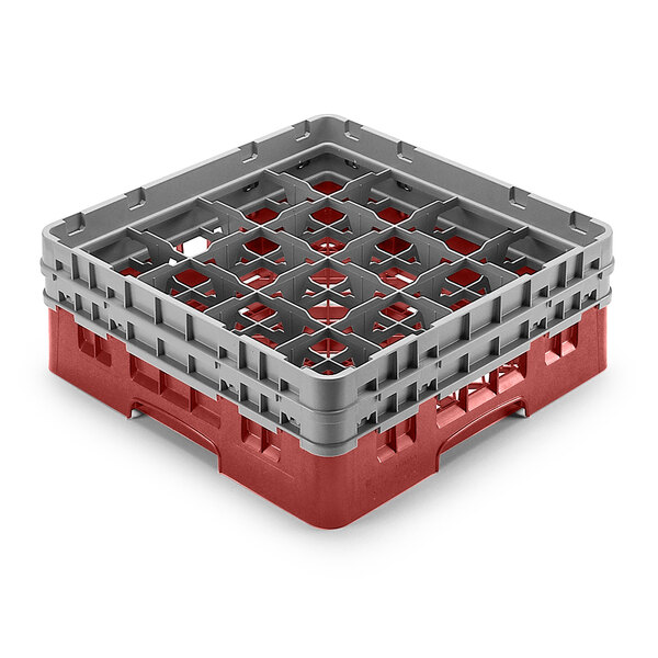 A red and grey Cambro glass rack with extenders.