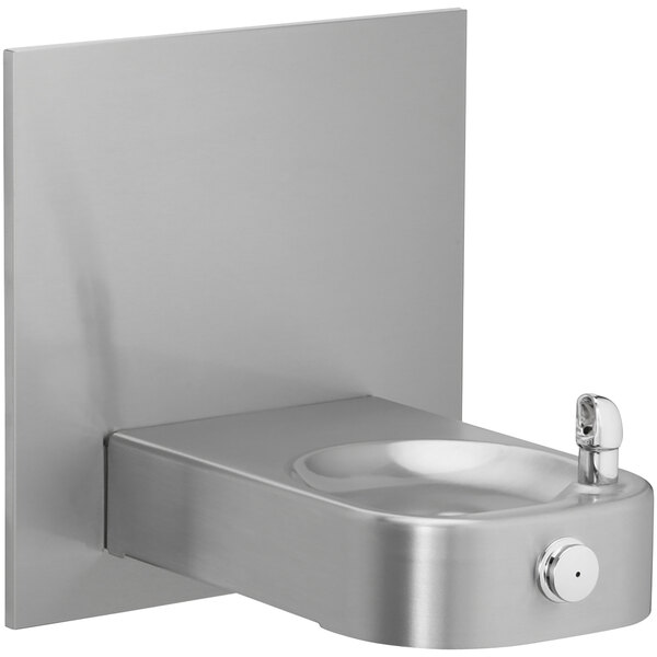 An Elkay stainless steel wall mounted drinking fountain with a silver button.