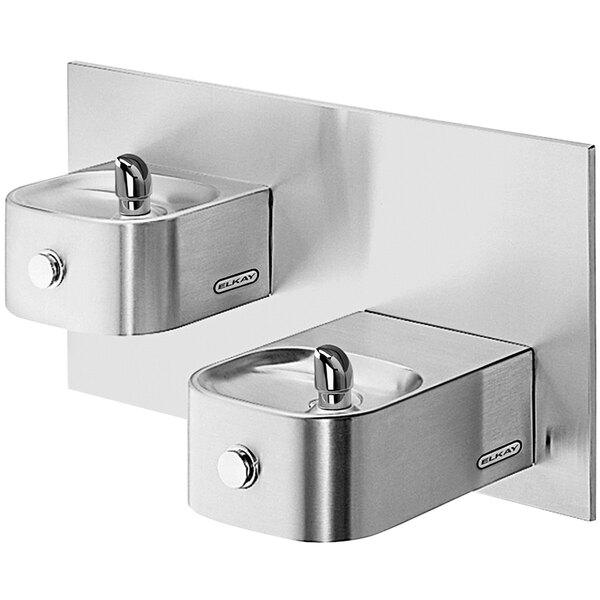 Elkay stainless steel bi-level wall mount drinking fountain with two water dispensers.