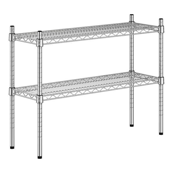 A Regency metal shelving unit with two chrome shelves.