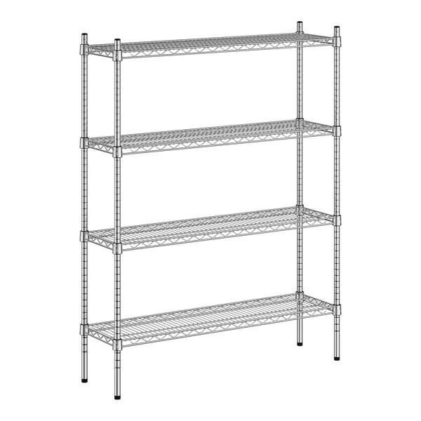 A wireframe of a Regency chrome metal shelf kit with four shelves.