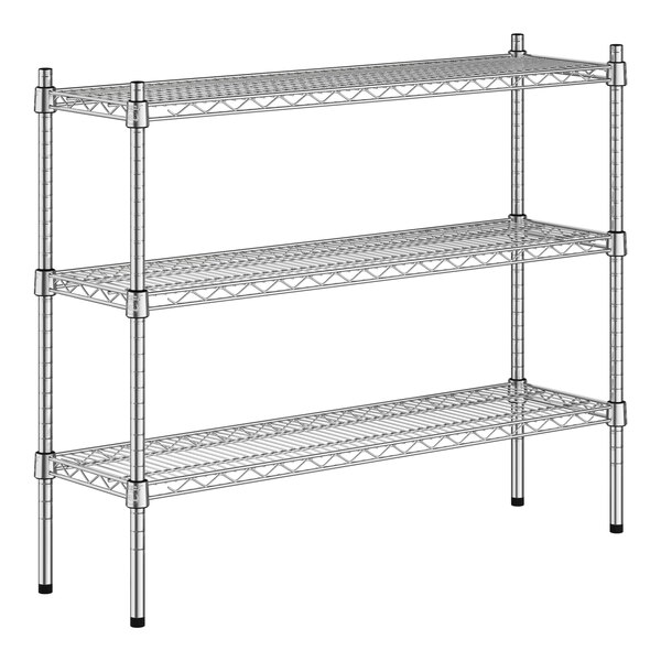 A wire shelving unit with three shelves.