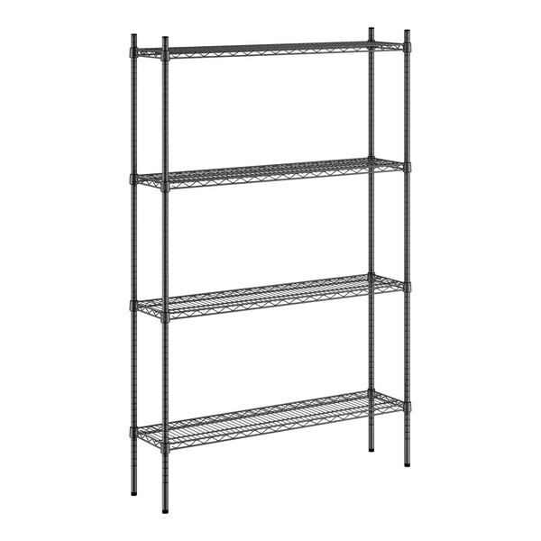 A black wireframe Regency shelving unit with four shelves.