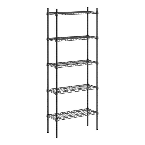 A black wire shelf unit with four shelves.