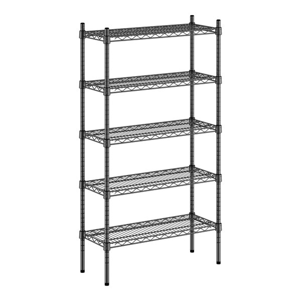A black Regency wire shelving unit with four shelves.
