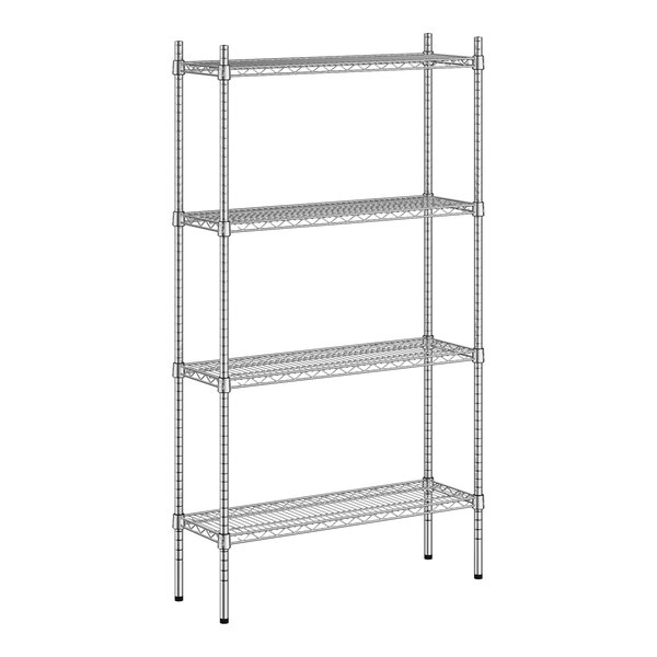 A white wireframe Regency stationary metal shelving unit with four shelves.