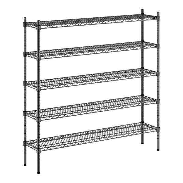 A black metal Regency shelving unit with four shelves.