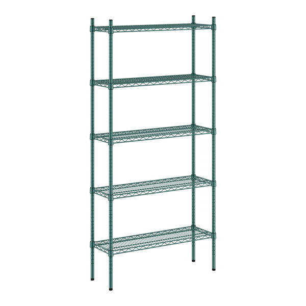 A green wire Regency shelving unit with five shelves.
