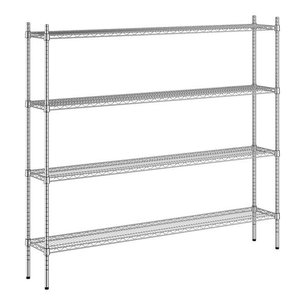 A wireframe of a Regency chrome stationary metal shelving unit with four shelves.