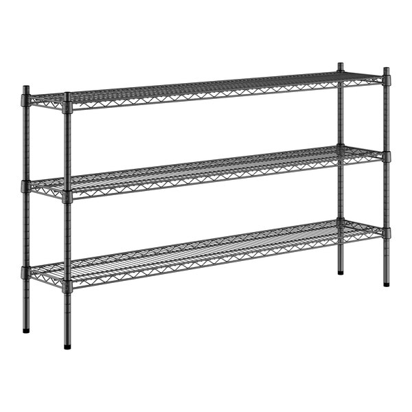 A Regency black wire shelving kit with three shelves.