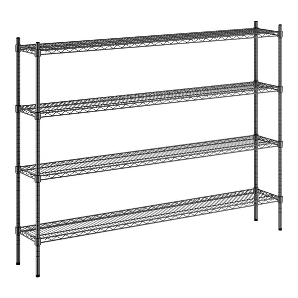 A black metal Regency storage rack with four shelves.
