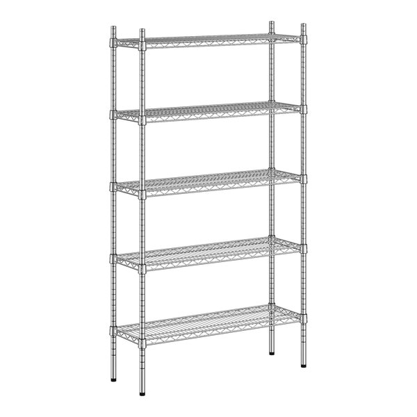 A wireframe of a Regency metal shelving unit with five shelves.