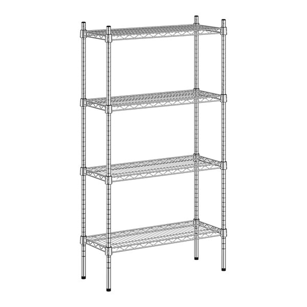 A wireframe of a Regency metal shelf with four shelves.