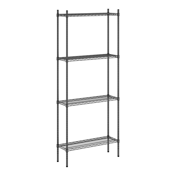 A black metal Regency shelf unit with four shelves.