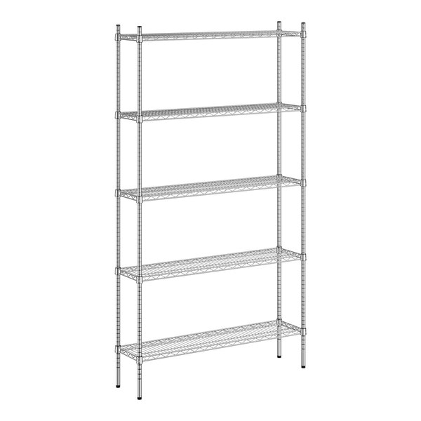 A wireframe of a Regency chrome metal shelving unit with four shelves.