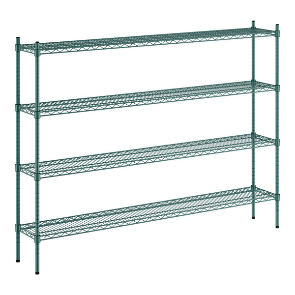 A green metal Regency shelving unit with four shelves.