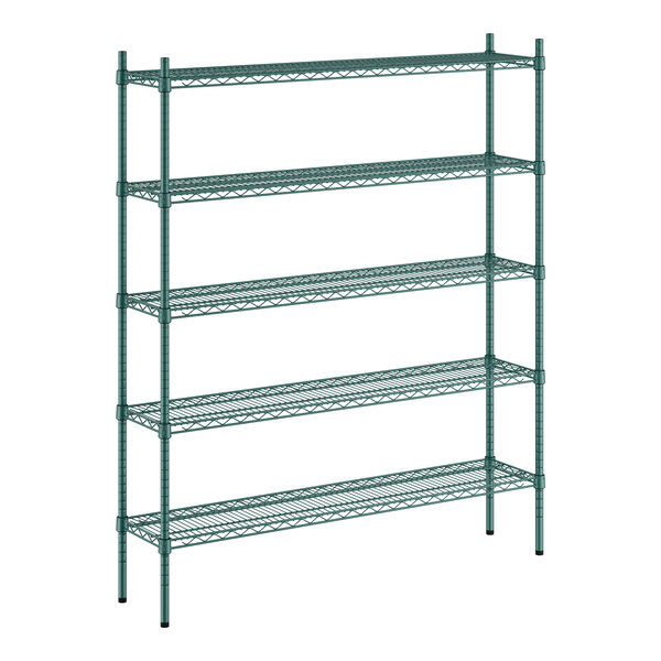A green metal Regency shelving unit with five shelves.