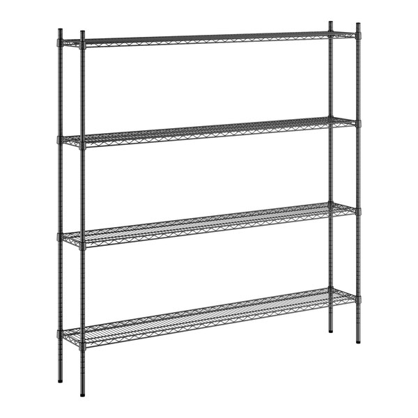 A black metal Regency wire shelving unit with four shelves.
