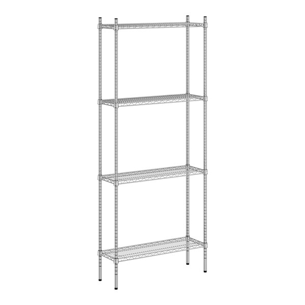 A wireframe of a Regency stainless steel metal shelf kit with four shelves.
