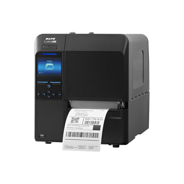 A black Sato CLN4X Plus label printer with a label coming out of it.