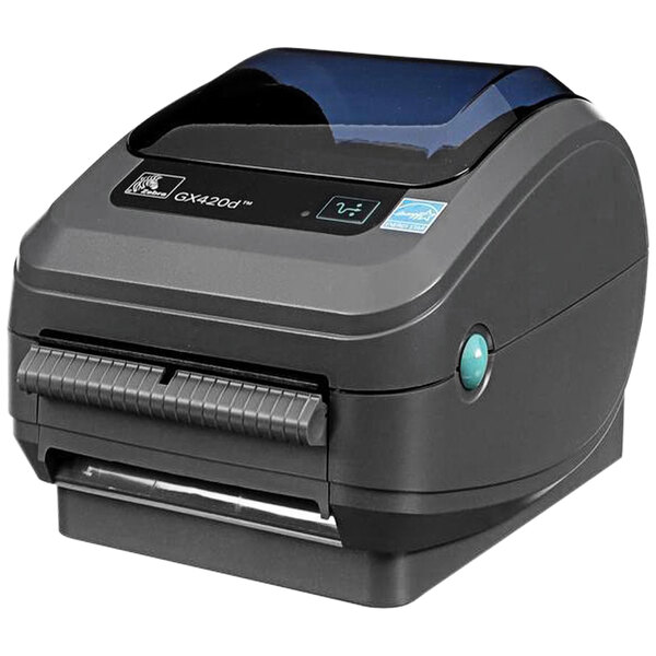 A black Zebra GX420D barcode printer with a clear lid.
