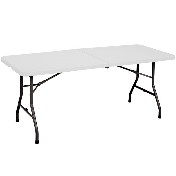 A granite gray rectangular plastic table with black legs.