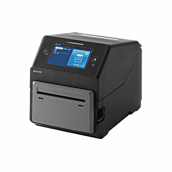 A black Sato CT4-LX direct thermal printer with a screen.