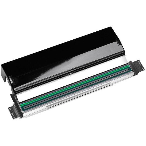 A rectangular black and silver printhead with green stripes.