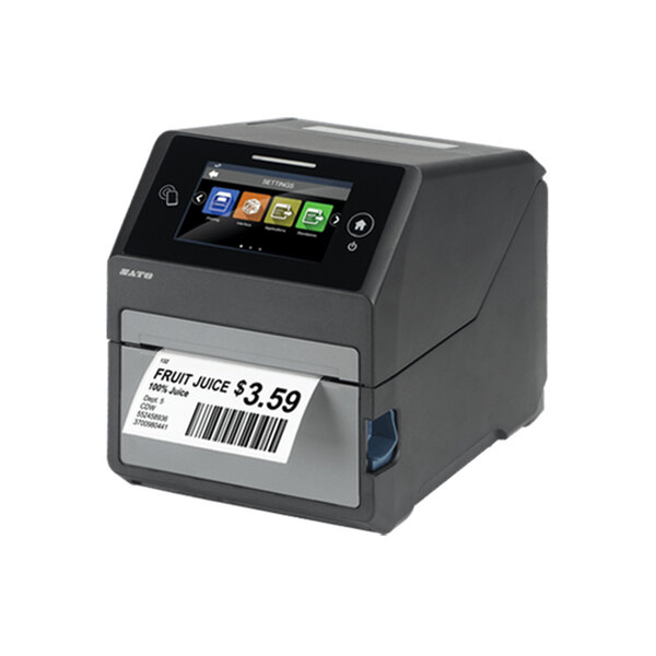 A black Sato CT4-LX direct thermal printer with a barcode label.