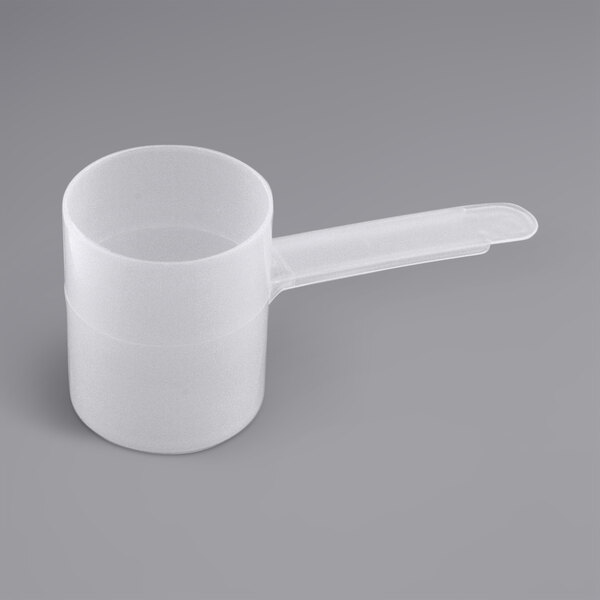A white polypropylene scoop with a long handle.